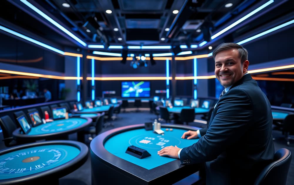 Interiør fra et live casino-studio i Malta med dealer og kameraer