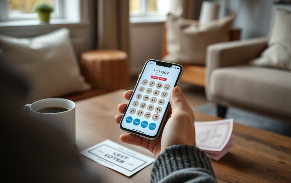 Person med mobiltelefon og lotto-app i en norsk stue