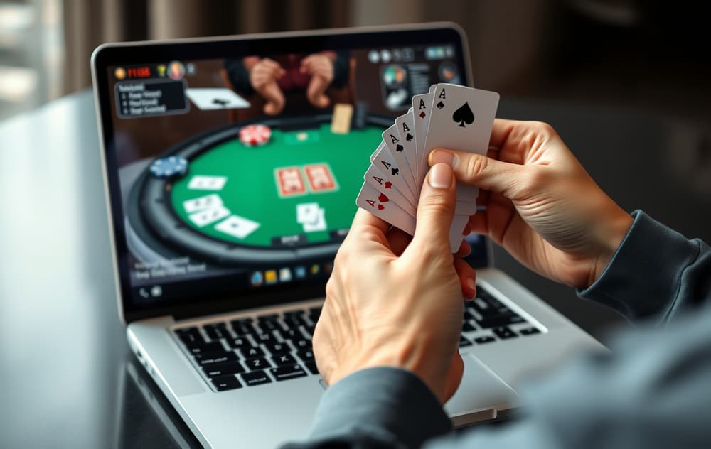 Hender som holder spillkort over en bærbar PC med online pokerbord