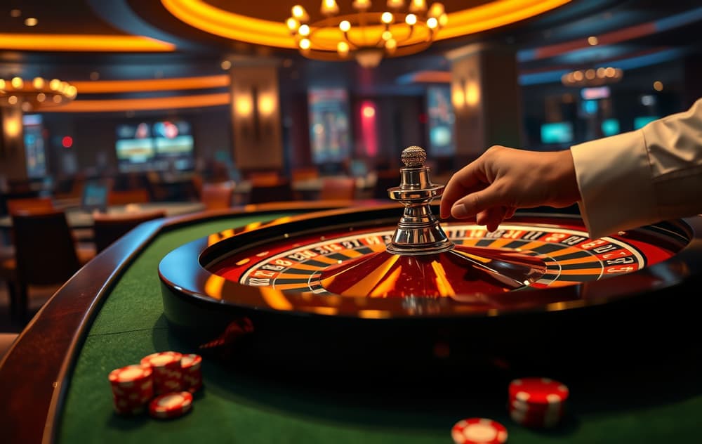 Rulett-hjul med croupier og spillbrikker i et dempet casino-lys