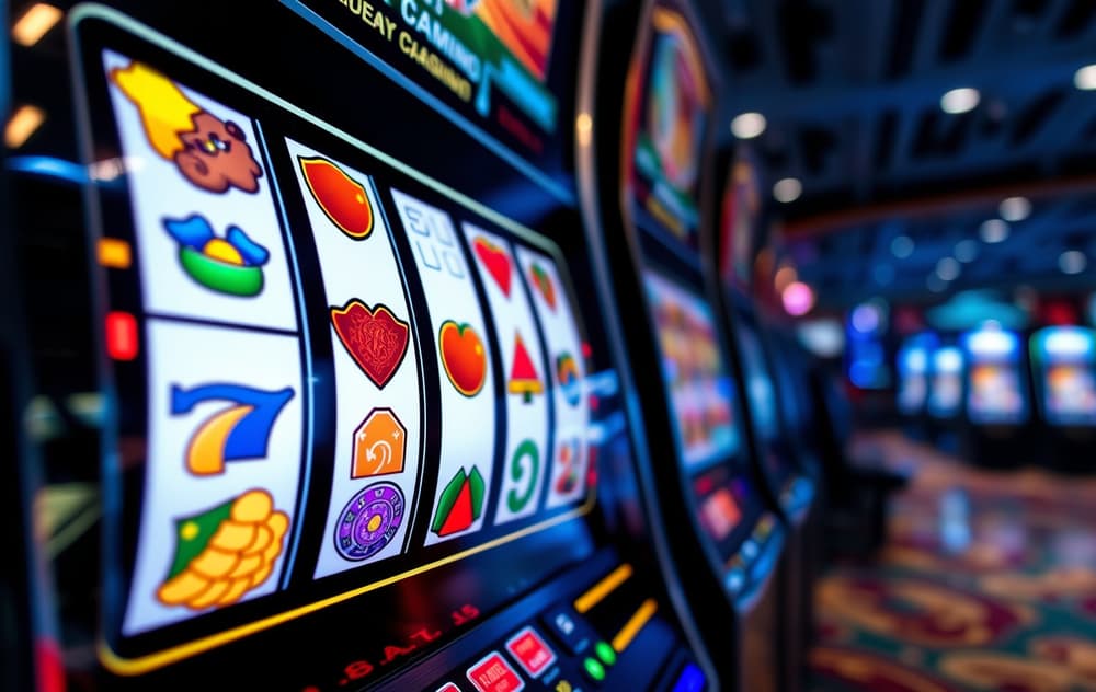 Nærbilde av spilleautomat med fargerike hjul, bonussymboler og jackpotmåler. Casinobakgrunn i uklarhet.